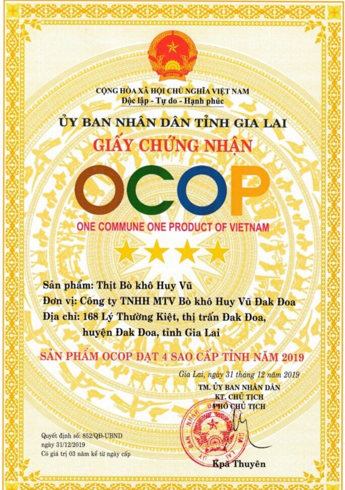 Khô bò Huy Vũ - chứng nhận sản phẩm OCOP 4 sao